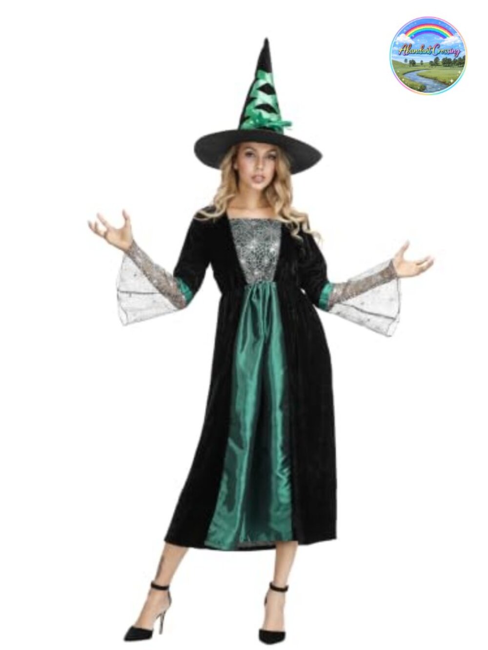 Women's Witch Costume Long Dress & Hat Set Halloween Cosplay